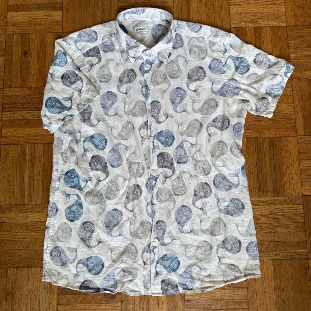 Bevilacqua Italian Made Short Sleeve Button Down Men's Whale Pattern Print M